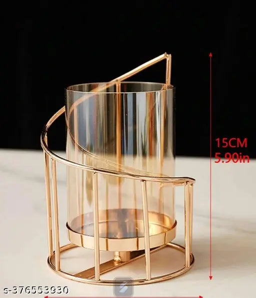 New Innovative Handicrafts Metal Geometric Designer Gold Pillar Flower Vase with Removable Glass Modern Design Decorative for Table Top (Pack of 1)
