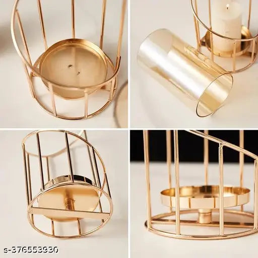 New Innovative Handicrafts Metal Geometric Designer Gold Pillar Flower Vase with Removable Glass Modern Design Decorative for Table Top (Pack of 1)