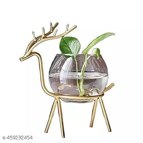 Glass Planter Holder Deer |Glass Pot| Glass Flower Pot| Glass Flower Round Vase Handmade for Decorate House (Set of 2) (Gold)