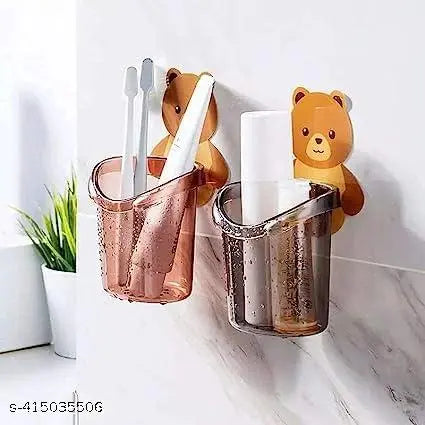 Toothbrush Holder Plastic Stand for Toothpaste, Comb, Brush, Cream,Razor Holder Lotion Kids Bathroom Cup Drain Waterproof Sturdy Self Adhesive,Teddy Bear *( 2PC'S)