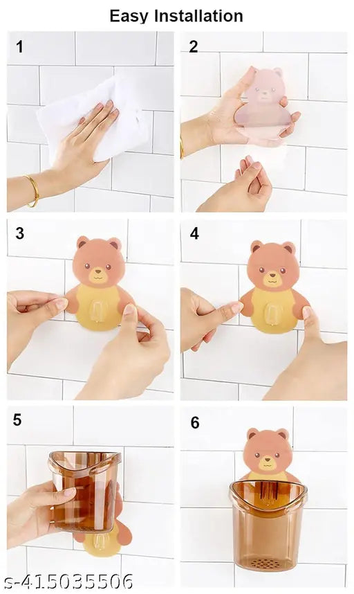Toothbrush Holder Plastic Stand for Toothpaste, Comb, Brush, Cream,Razor Holder Lotion Kids Bathroom Cup Drain Waterproof Sturdy Self Adhesive,Teddy Bear *( 2PC'S)