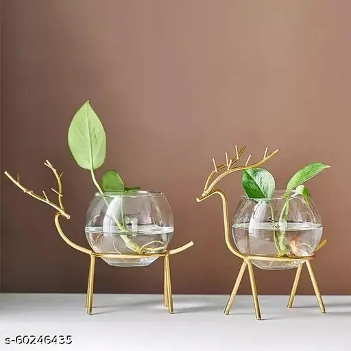 Glass Planter Holder Deer |Glass Pot| Glass Flower Pot| Glass Flower Round Vase Handmade for Decorate House (Set of 2) (Gold)