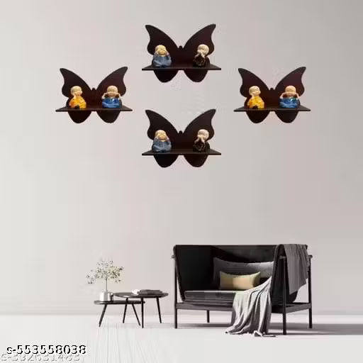 Set of 4 Wooden Butterfly Wall Shelves with Cute Monk Showpieces – Decorative Wall Rack