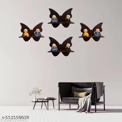Set of 4 Wooden Butterfly Wall Shelves with Cute Monk Showpieces – Decorative Wall Rack