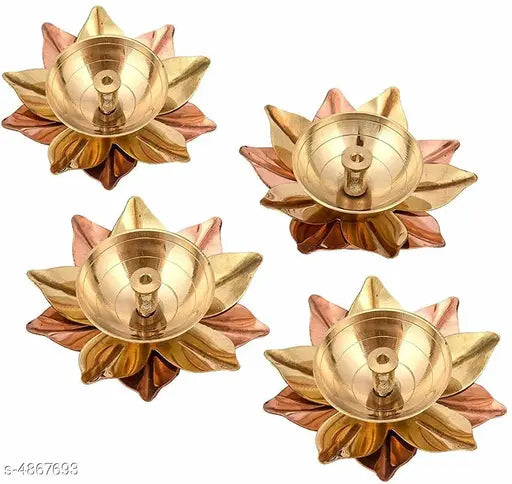 Karauli Collection Set of 4 Brass Diya for Puja Oil Lamp Lotus Shape - Deepak for Pooja Diwali Decoration Items (Gold 3 X 3 X 1.5 Inch)