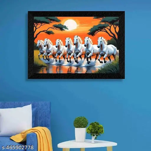 7 Running Horses Vastu UV Coated Home Decorative Gift Item Framed Painting/7lucky seven running horses with frame 11x14 inch