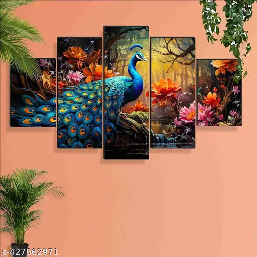 Modern Art Peacock Set Of 5 Wall Paintings For Living Room 18 x 30 inch