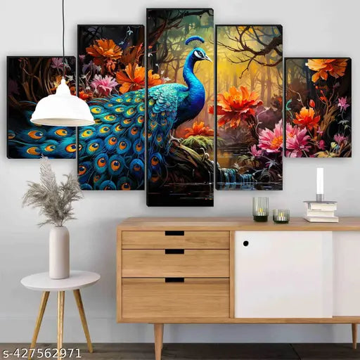 Modern Art Peacock Set Of 5 Wall Paintings For Living Room 18 x 30 inch