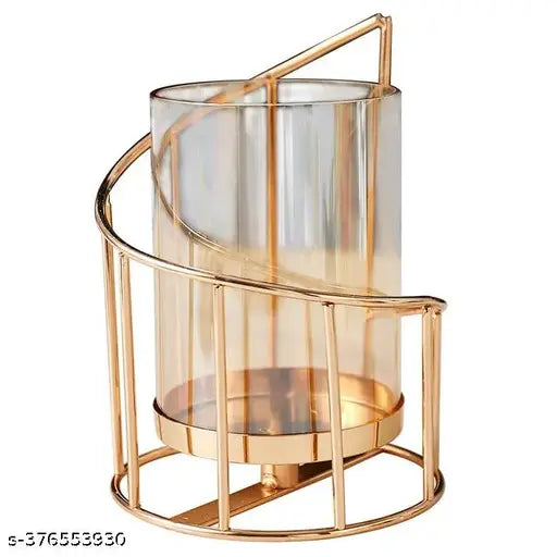 New Innovative Handicrafts Metal Geometric Designer Gold Pillar Flower Vase with Removable Glass Modern Design Decorative for Table Top (Pack of 1)