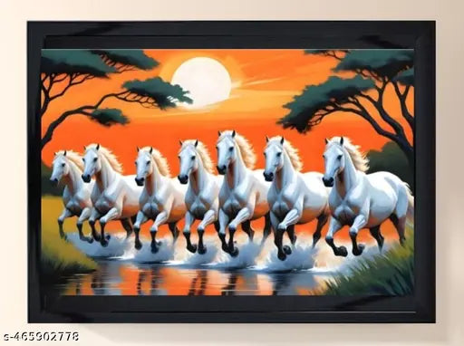 7 Running Horses Vastu UV Coated Home Decorative Gift Item Framed Painting/7lucky seven running horses with frame 11x14 inch