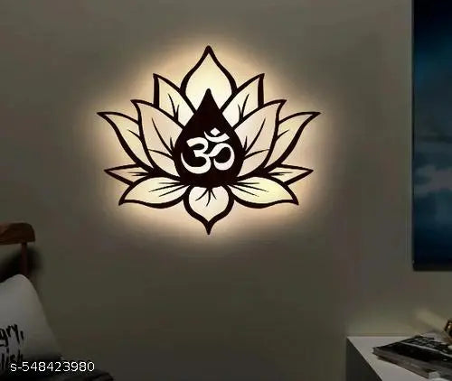 Hindu OM inside Lotuse Flower Backlit Wooden Wall Decor with LED Night