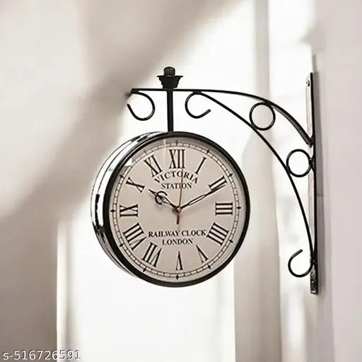 Metaloz Time Vint age Victorian Railway Station Wall Clock | Double-Sided Hanging Metal Clock | Retro Antique Look for Home & Café Decor