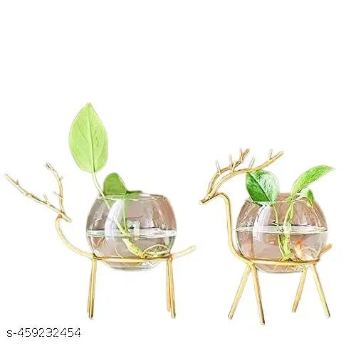 Glass Planter Holder Deer |Glass Pot| Glass Flower Pot| Glass Flower Round Vase Handmade for Decorate House (Set of 2) (Gold)
