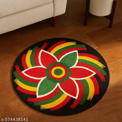HARIKISHAN HANDLOOM , Floral Round Doormat – 60x60 cm (Multicolor) Polyester Microfiber Carpet for Living Room, Bedroom, Kitchen, Bathroom