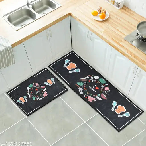 Genius Homes FAB Multi Purpose Anti Skid & Washable Kitchen Mat & Runner | Attractive Look & Digital Printed Soft Combo Kitchen Floor Mat [ 18x28 CM & 18x54 CM, Bon Appetit ]