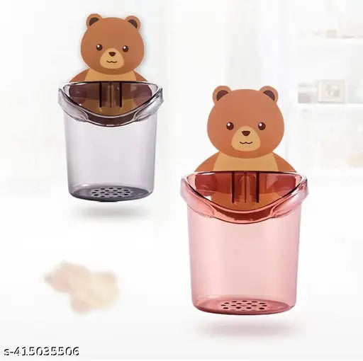 Toothbrush Holder Plastic Stand for Toothpaste, Comb, Brush, Cream,Razor Holder Lotion Kids Bathroom Cup Drain Waterproof Sturdy Self Adhesive,Teddy Bear *( 2PC'S)