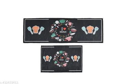 Genius Homes FAB Multi Purpose Anti Skid & Washable Kitchen Mat & Runner | Attractive Look & Digital Printed Soft Combo Kitchen Floor Mat [ 18x28 CM & 18x54 CM, Bon Appetit ]