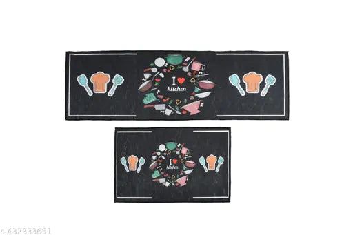 Genius Homes FAB Multi Purpose Anti Skid & Washable Kitchen Mat & Runner | Attractive Look & Digital Printed Soft Combo Kitchen Floor Mat [ 18x28 CM & 18x54 CM, Bon Appetit ]
