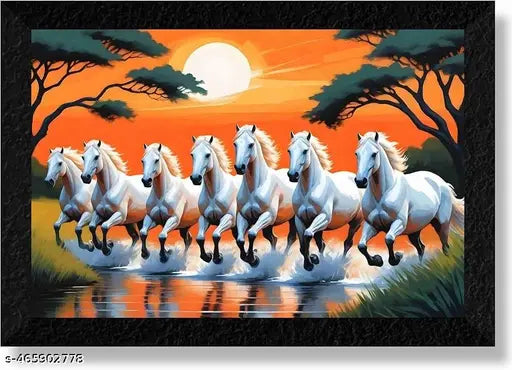 7 Running Horses Vastu UV Coated Home Decorative Gift Item Framed Painting/7lucky seven running horses with frame 11x14 inch
