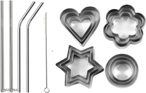 5 pcs Straw set, 12 pcs cookie cutter set, Cookie Cutter Cookie mould Stainless steel Cookie cutter and Stainless steel Straw combo