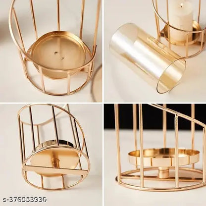 New Innovative Handicrafts Metal Geometric Designer Gold Pillar Flower Vase with Removable Glass Modern Design Decorative for Table Top (Pack of 1)