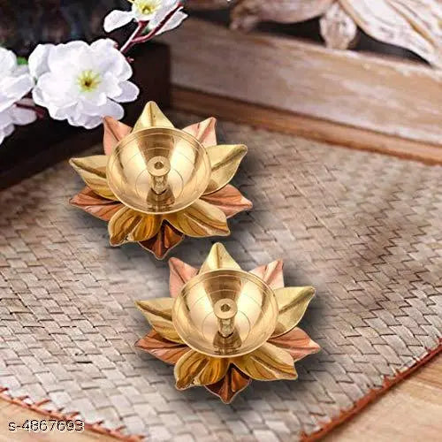 Karauli Collection Set of 4 Brass Diya for Puja Oil Lamp Lotus Shape - Deepak for Pooja Diwali Decoration Items (Gold 3 X 3 X 1.5 Inch)