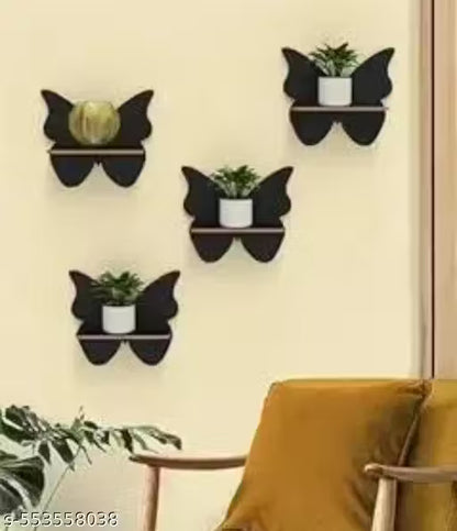 Set of 4 Wooden Butterfly Wall Shelves with Cute Monk Showpieces – Decorative Wall Rack