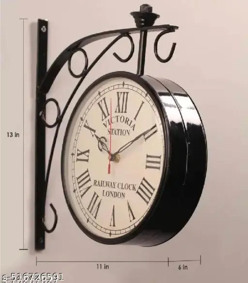 Metaloz Time Vint age Victorian Railway Station Wall Clock | Double-Sided Hanging Metal Clock | Retro Antique Look for Home & Café Decor