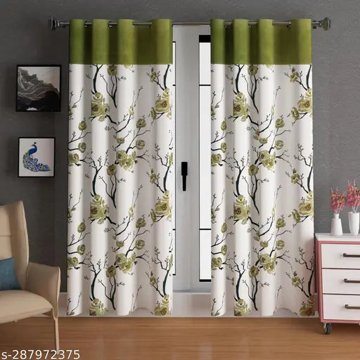 LUNAR DAYS CRESCENT PATCH EYELET CURTAIN FLORAL IVY in GREEN 7 feet (Pack of 2 piece)
