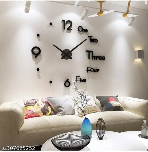 Large 3D Frameless Wall Clock Stickers DIY Wall Decoration for Living Room Bedroom Office (Black)