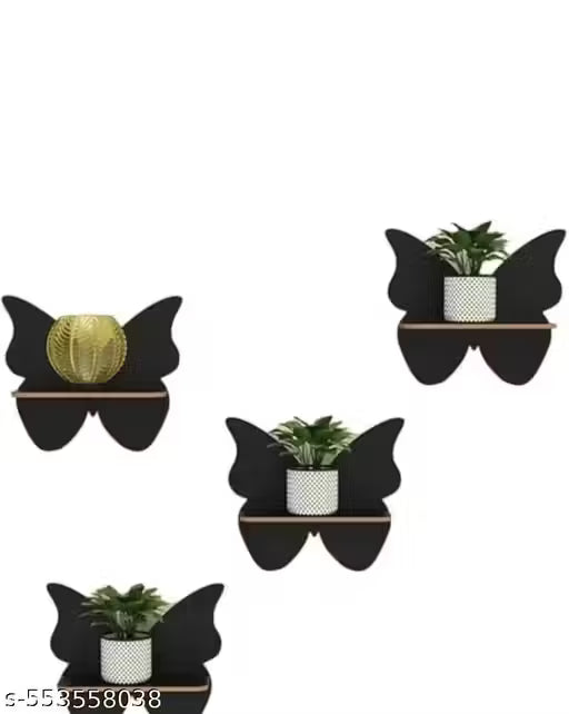 Set of 4 Wooden Butterfly Wall Shelves with Cute Monk Showpieces – Decorative Wall Rack