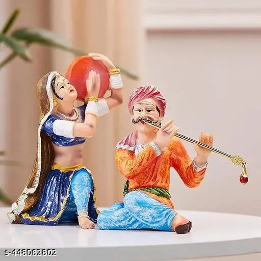 DAY CREATION Resin Rajasthani Traditional Musical Couple Decorative Showpiece for Home Decor (Pack of 2, Multicolor)