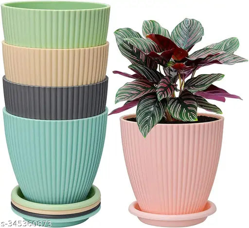 Round Flower Pots with tray for Home & Decoration Planters, Terrace, Garden Etc Plant Container Set