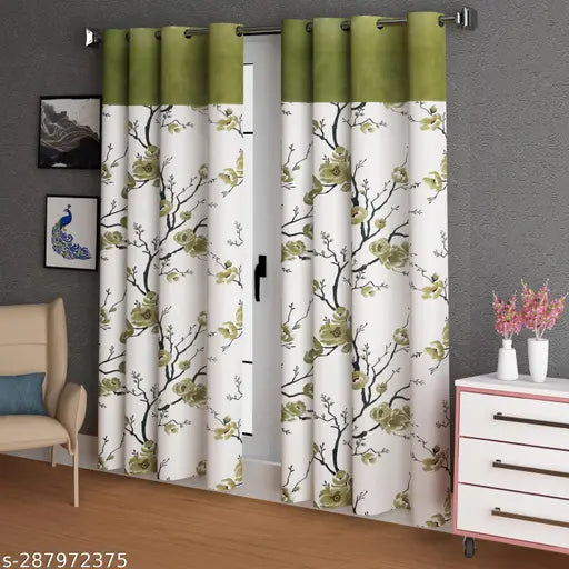 LUNAR DAYS CRESCENT PATCH EYELET CURTAIN FLORAL IVY in GREEN 7 feet (Pack of 2 piece)