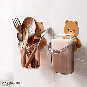 Toothbrush Holder Plastic Stand for Toothpaste, Comb, Brush, Cream,Razor Holder Lotion Kids Bathroom Cup Drain Waterproof Sturdy Self Adhesive,Teddy Bear *( 2PC'S)
