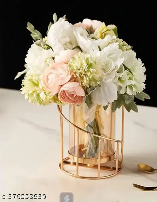 New Innovative Handicrafts Metal Geometric Designer Gold Pillar Flower Vase with Removable Glass Modern Design Decorative for Table Top (Pack of 1)