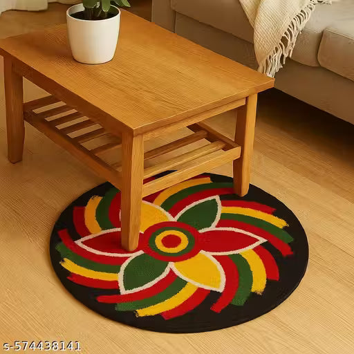 HARIKISHAN HANDLOOM , Floral Round Doormat – 60x60 cm (Multicolor) Polyester Microfiber Carpet for Living Room, Bedroom, Kitchen, Bathroom