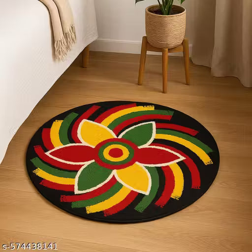 HARIKISHAN HANDLOOM , Floral Round Doormat – 60x60 cm (Multicolor) Polyester Microfiber Carpet for Living Room, Bedroom, Kitchen, Bathroom