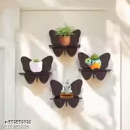 Set of 4 Wooden Butterfly Wall Shelves with Cute Monk Showpieces – Decorative Wall Rack