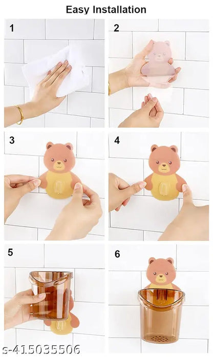 Toothbrush Holder Plastic Stand for Toothpaste, Comb, Brush, Cream,Razor Holder Lotion Kids Bathroom Cup Drain Waterproof Sturdy Self Adhesive,Teddy Bear *( 2PC'S)